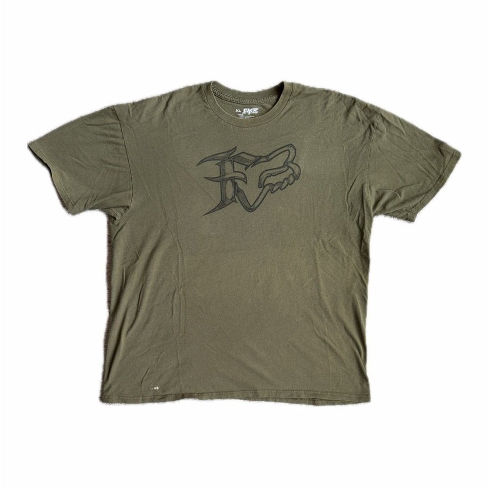 Y2K Fox Racing Olive Green Spellout Logo Graphic Tee — Size XL